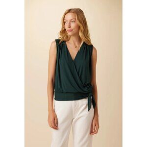 Amour Vert Simone Dream Knit V-Neck Sleeveless Wrap Top in Emerald Green…